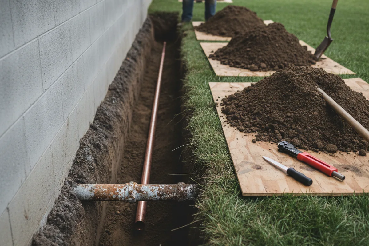 Excavated water line trench during Water Softener Installation in Irondale
